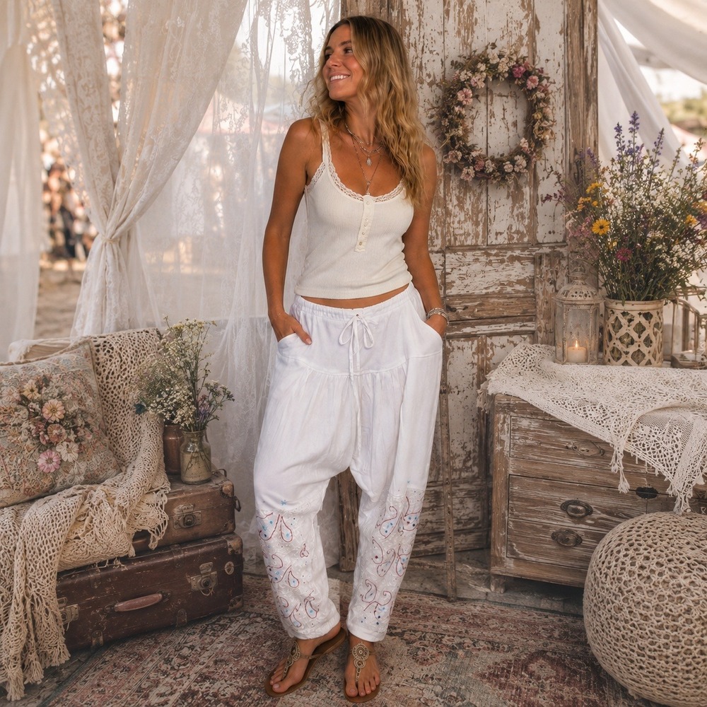 BOHO White Sanwar Harem Pants With Embroidery Drawstring Waist O/S